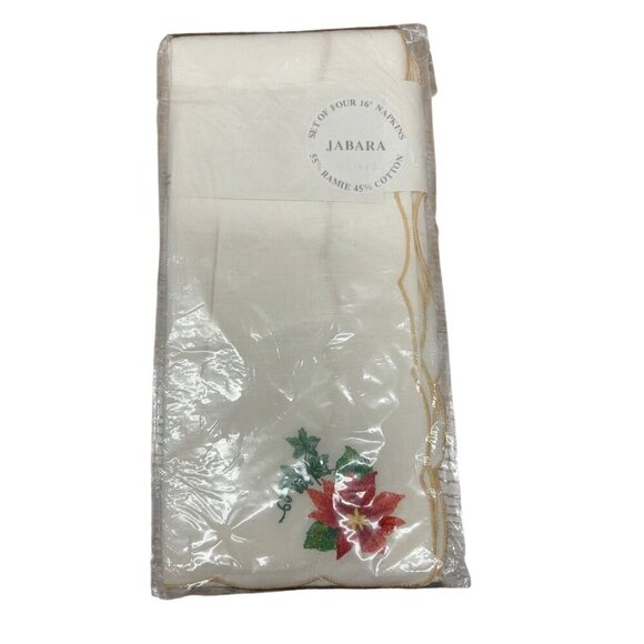 Set Of Four 16" Jabara Poinsettia Embroidered Napkins 55% Ramie 45% Cotton Gold - Picture 1 of 4